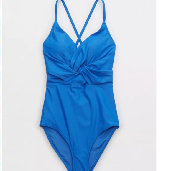 Aerie Strap Tie Back Braided One Piece Swimsuit in Blue Full Coverage - Medium - Picture 1 of 7